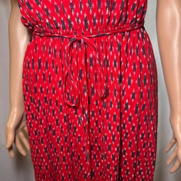 LOFT Red Ikat Print Flutter Sleeve V Neck Tie Waist Dress Women's Size S - Picture 3 of 7